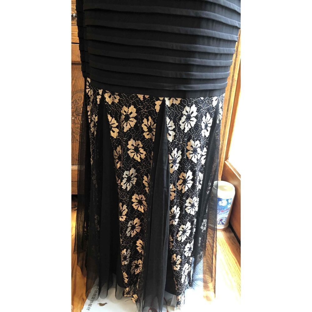 Candolite Black Gold Lace Overlay Maxi Evening Dress Trumpet Hem  Large - Picture 10 of 15